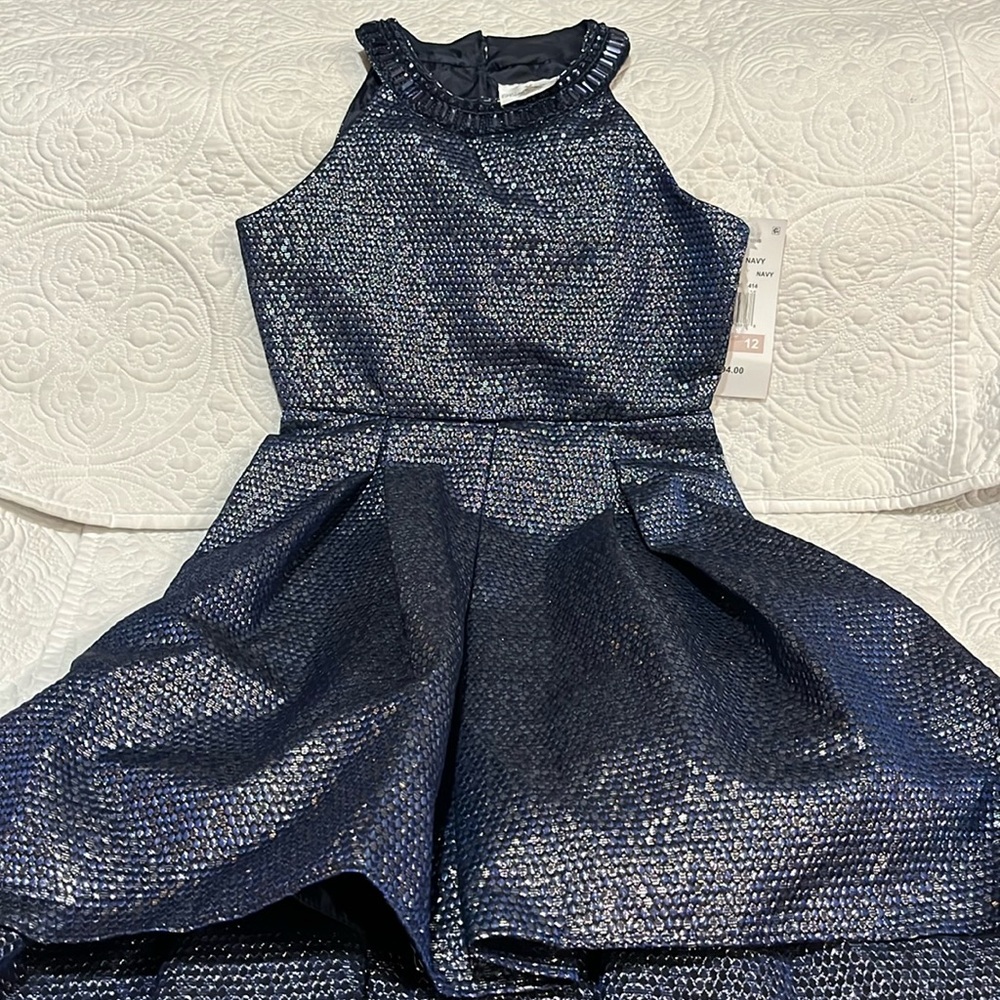 Rare Editions Girls Embellished-Neck Jacquard Dress, Burg/Nav,, size 12, NWT